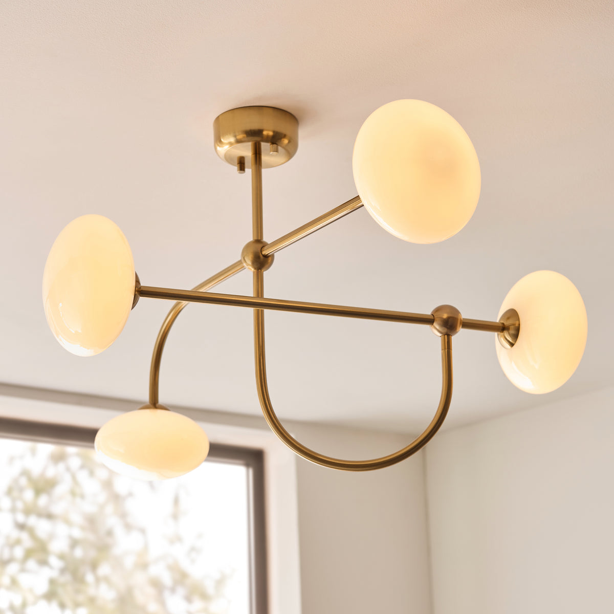Endon Ottowa 4 Light Semi Flush - Brushed Aged Brass Plate & Opal Glass