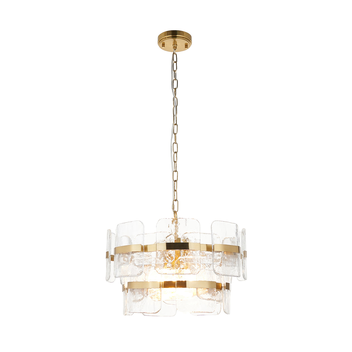 Endon Ancara 3 Light Pendant - Brushed Aged Brass Plate & Clear Handmade Textured Glass