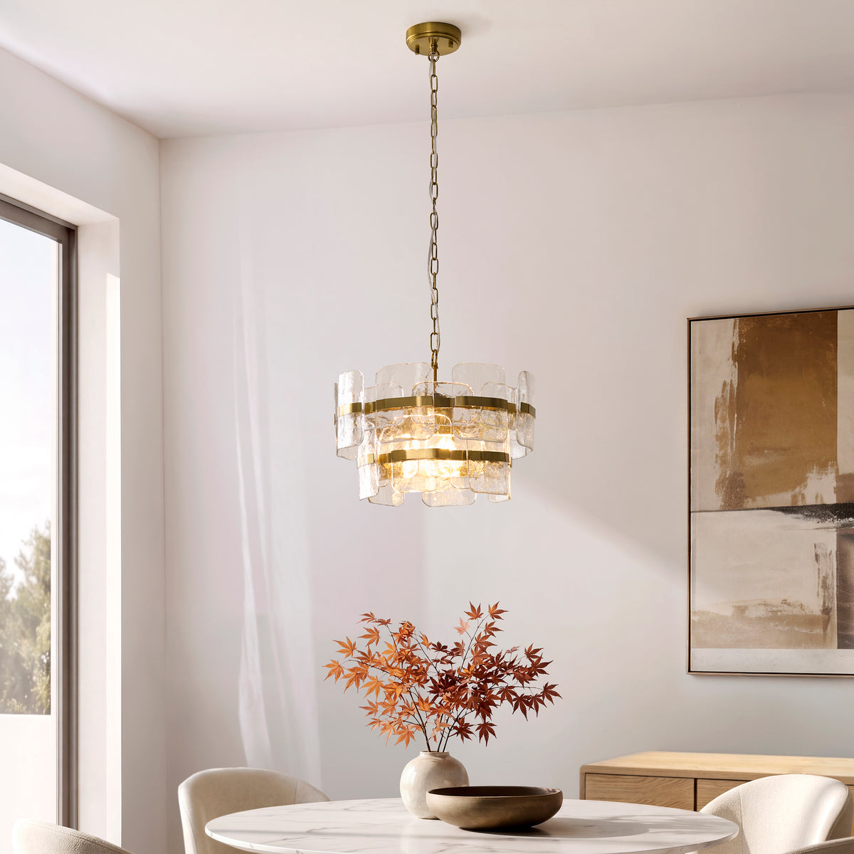 Endon Ancara 3 Light Pendant - Brushed Aged Brass Plate & Clear Handmade Textured Glass