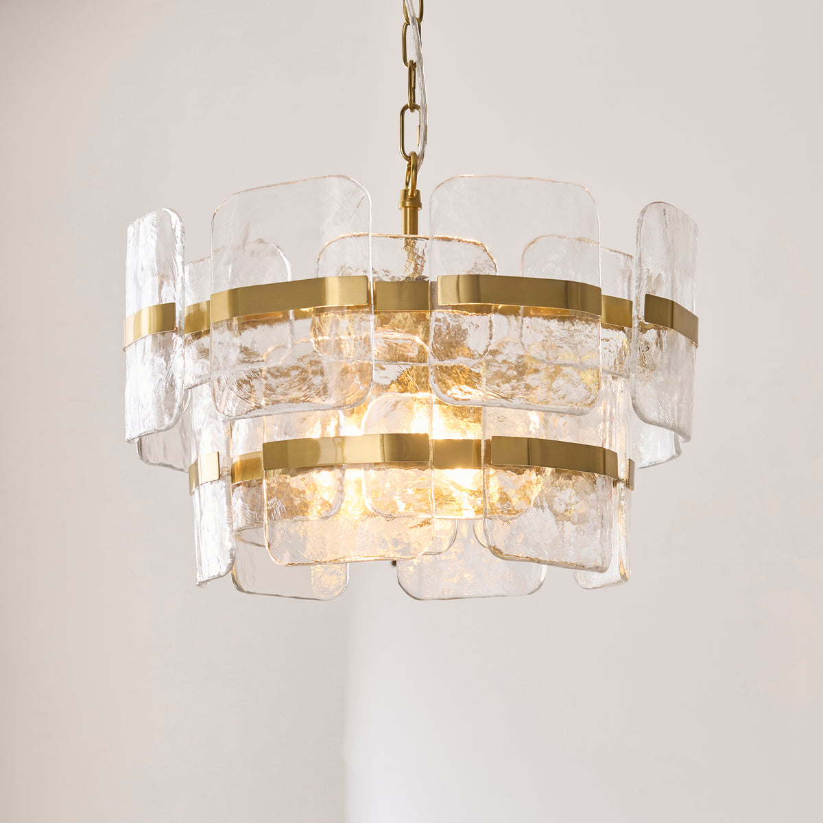 Endon Ancara 3 Light Pendant - Brushed Aged Brass Plate & Clear Handmade Textured Glass