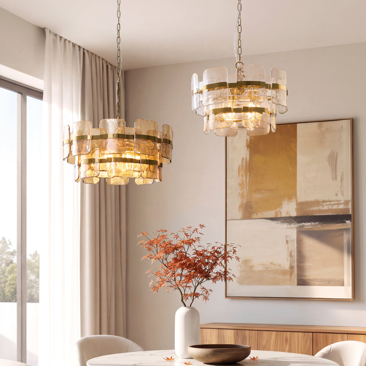 Endon Ancara 3 Light Pendant - Brushed Aged Brass Plate & Clear Handmade Textured Glass