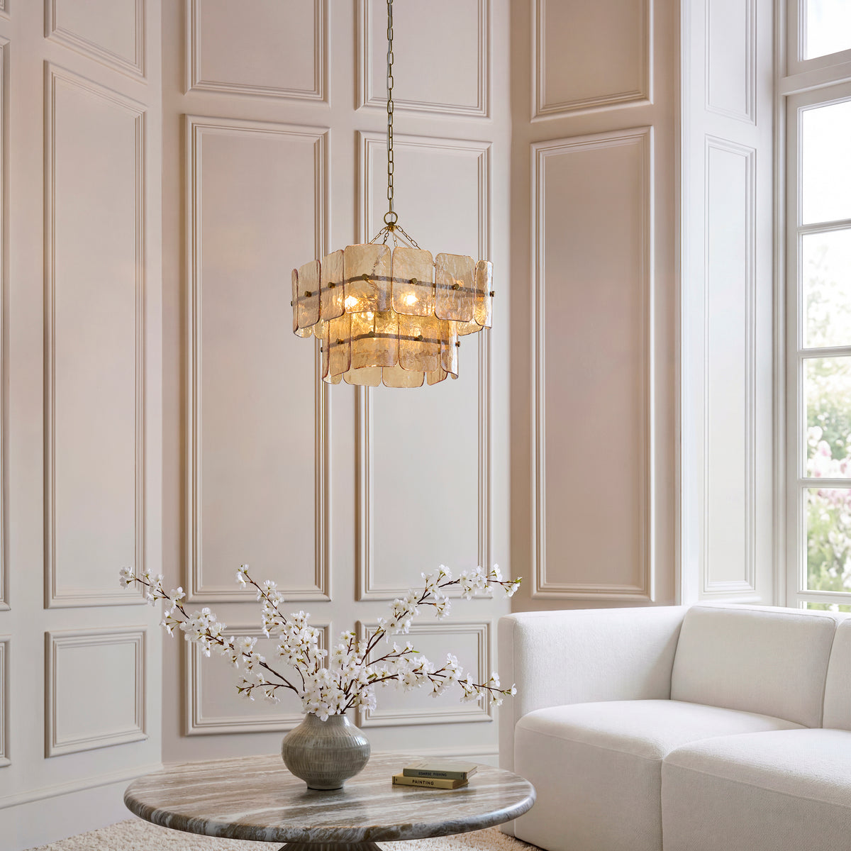 Endon Venice 4 Light Pendant - Brushed Aged Brass Plate & Champagne Handmade Textured Glass