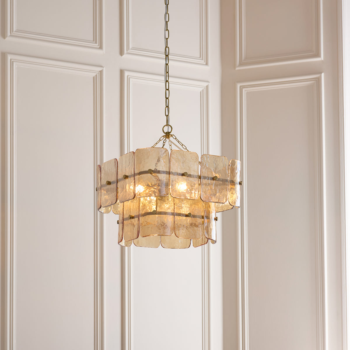 Endon Venice 4 Light Pendant - Brushed Aged Brass Plate & Champagne Handmade Textured Glass
