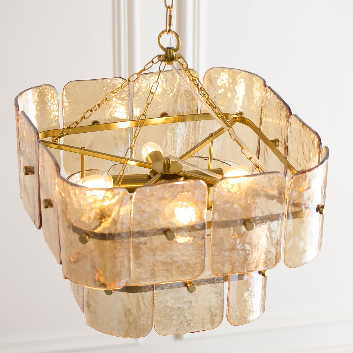 Endon Venice 4 Light Pendant - Brushed Aged Brass Plate & Champagne Handmade Textured Glass