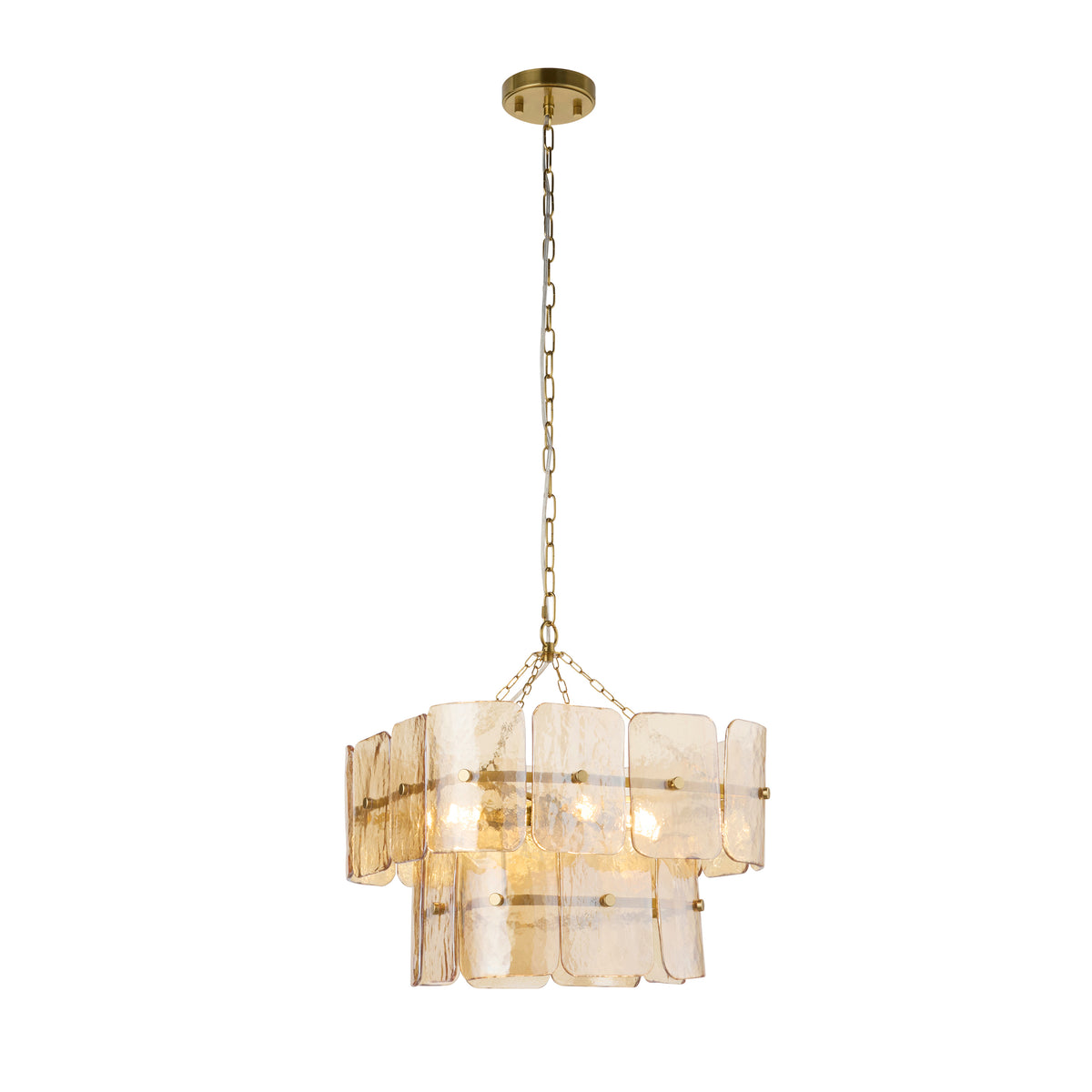 Endon Venice 4 Light Pendant - Brushed Aged Brass Plate & Champagne Handmade Textured Glass