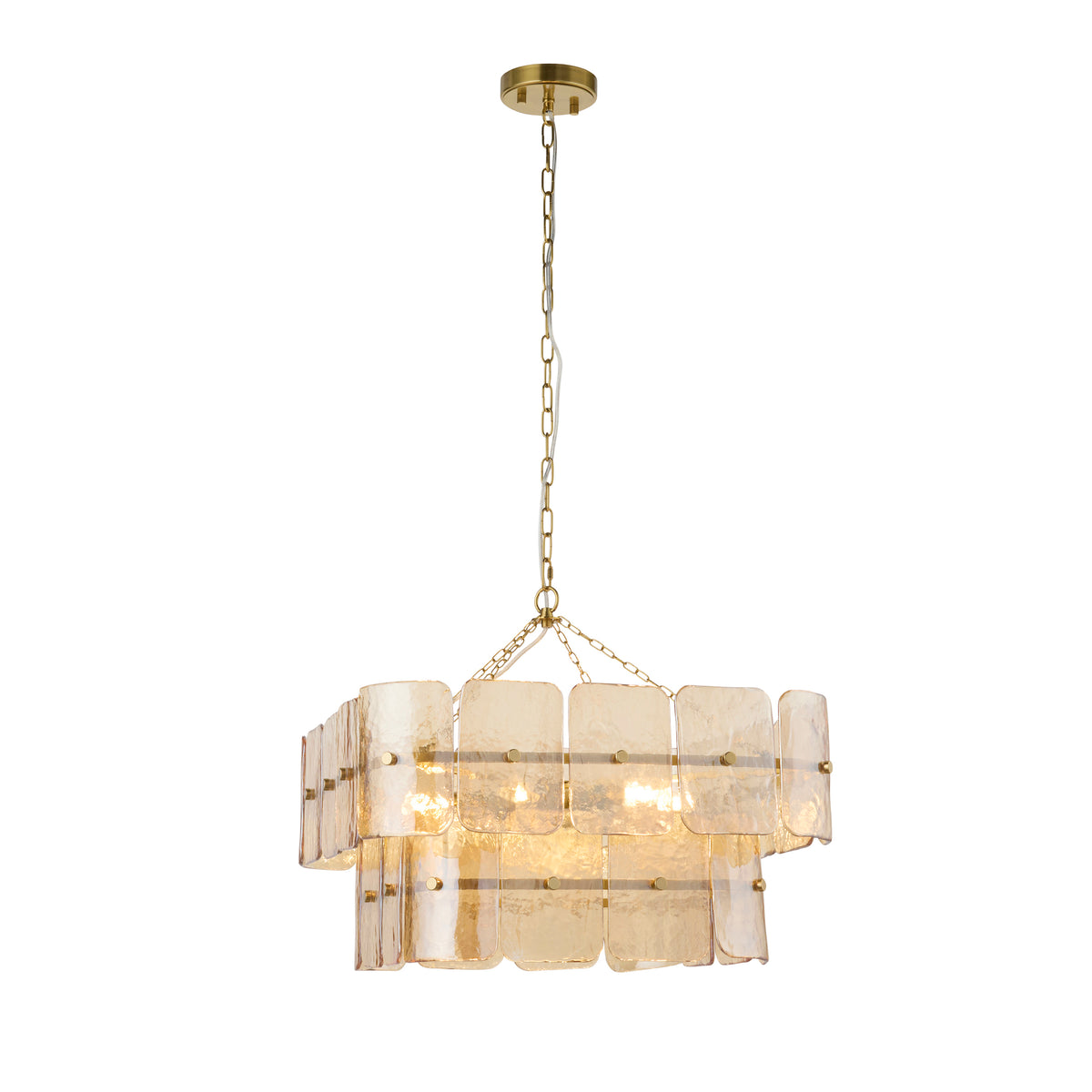 Endon Venice 6 Light Pendant - Brushed Aged Brass Plate & Champagne Handmade Textured Glass