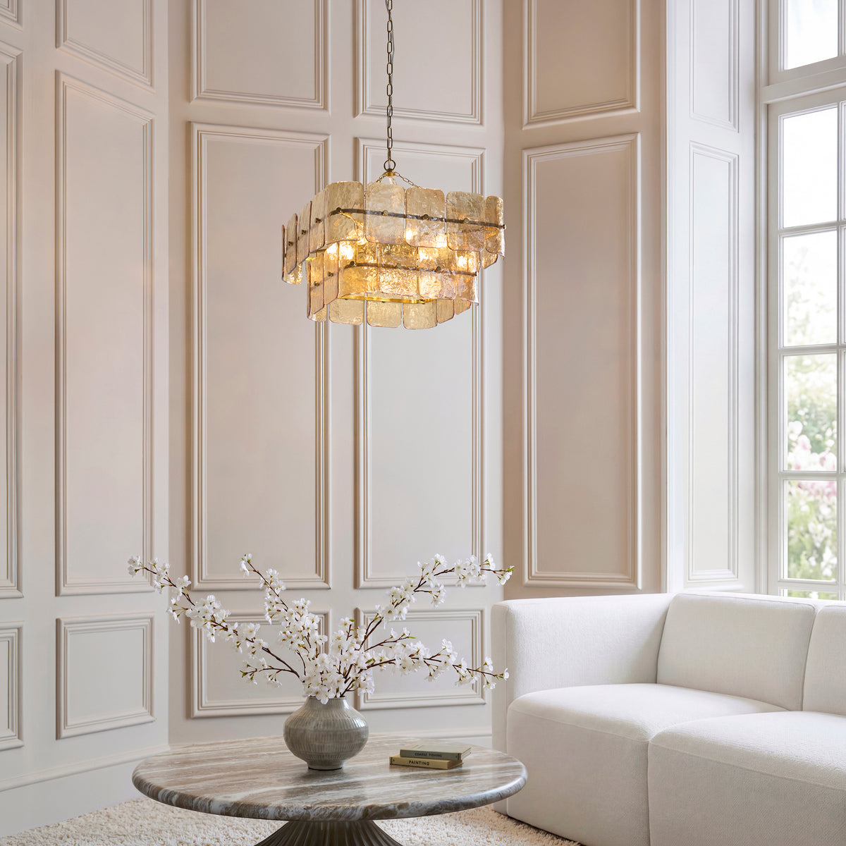 Endon Venice 6 Light Pendant - Brushed Aged Brass Plate & Champagne Handmade Textured Glass