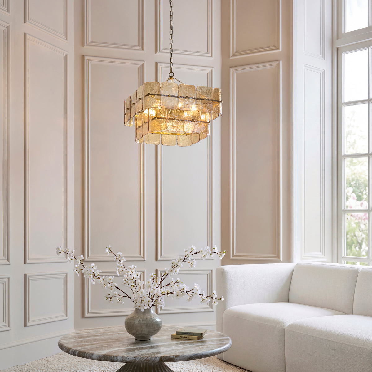 Endon Venice 6 Light Pendant - Brushed Aged Brass Plate & Champagne Handmade Textured Glass