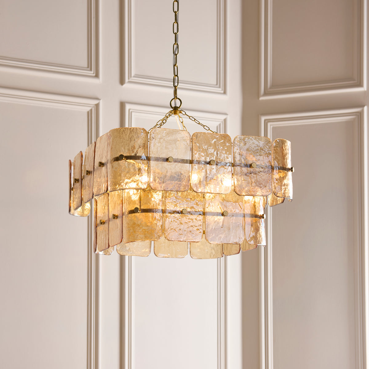 Endon Venice 6 Light Pendant - Brushed Aged Brass Plate & Champagne Handmade Textured Glass