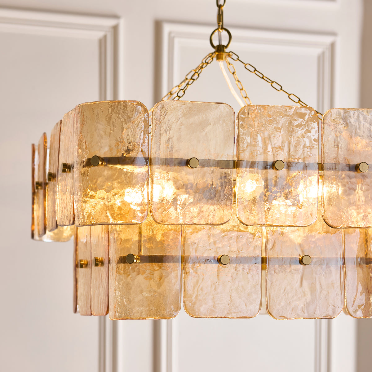 Endon Venice 6 Light Pendant - Brushed Aged Brass Plate & Champagne Handmade Textured Glass