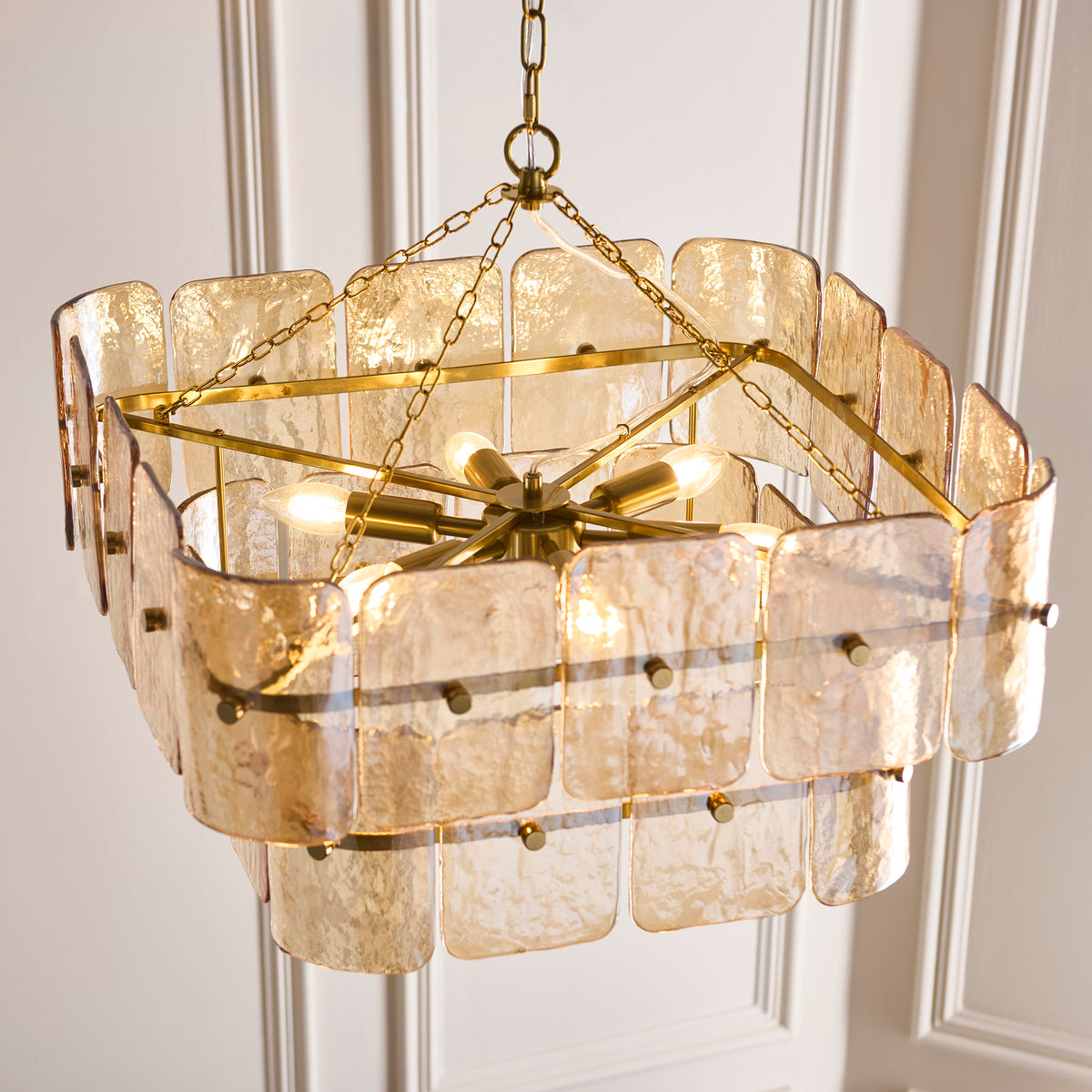Endon Venice 6 Light Pendant - Brushed Aged Brass Plate & Champagne Handmade Textured Glass
