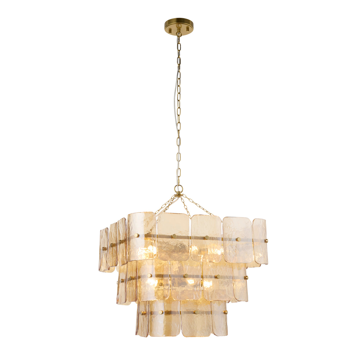 Endon Venice 10 light pendant in brushed aged brass plate with champagne handmade textured glass panels shown lit on a white background