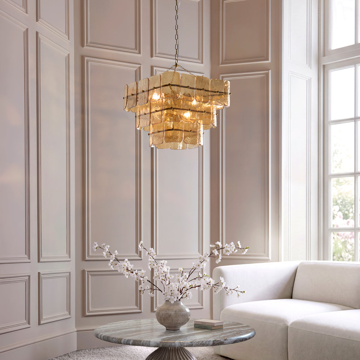 Endon Venice 10 Light Pendant - Brushed Aged Brass Plate & Champagne Handmade Textured Glass