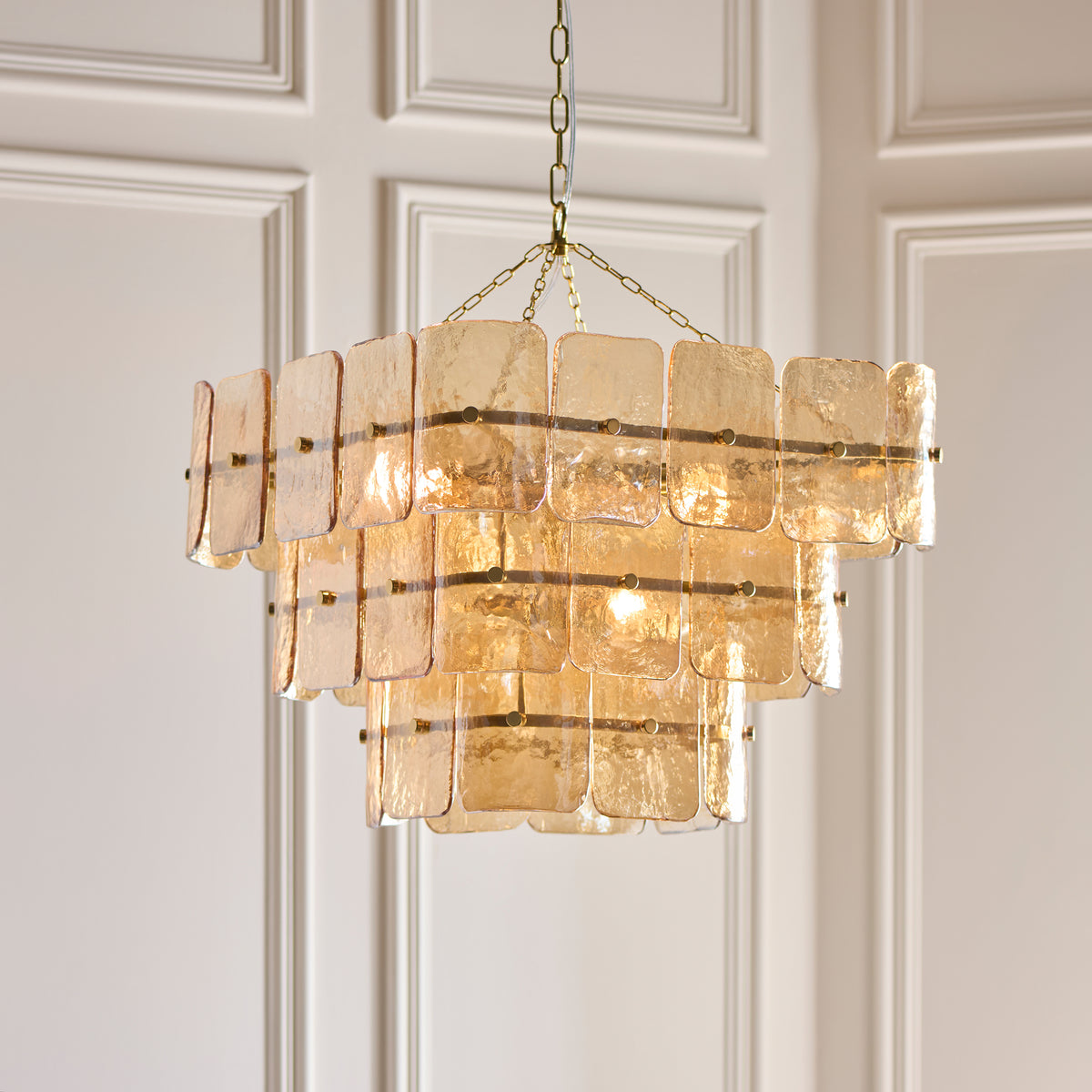 Endon Venice 10 Light Pendant - Brushed Aged Brass Plate & Champagne Handmade Textured Glass