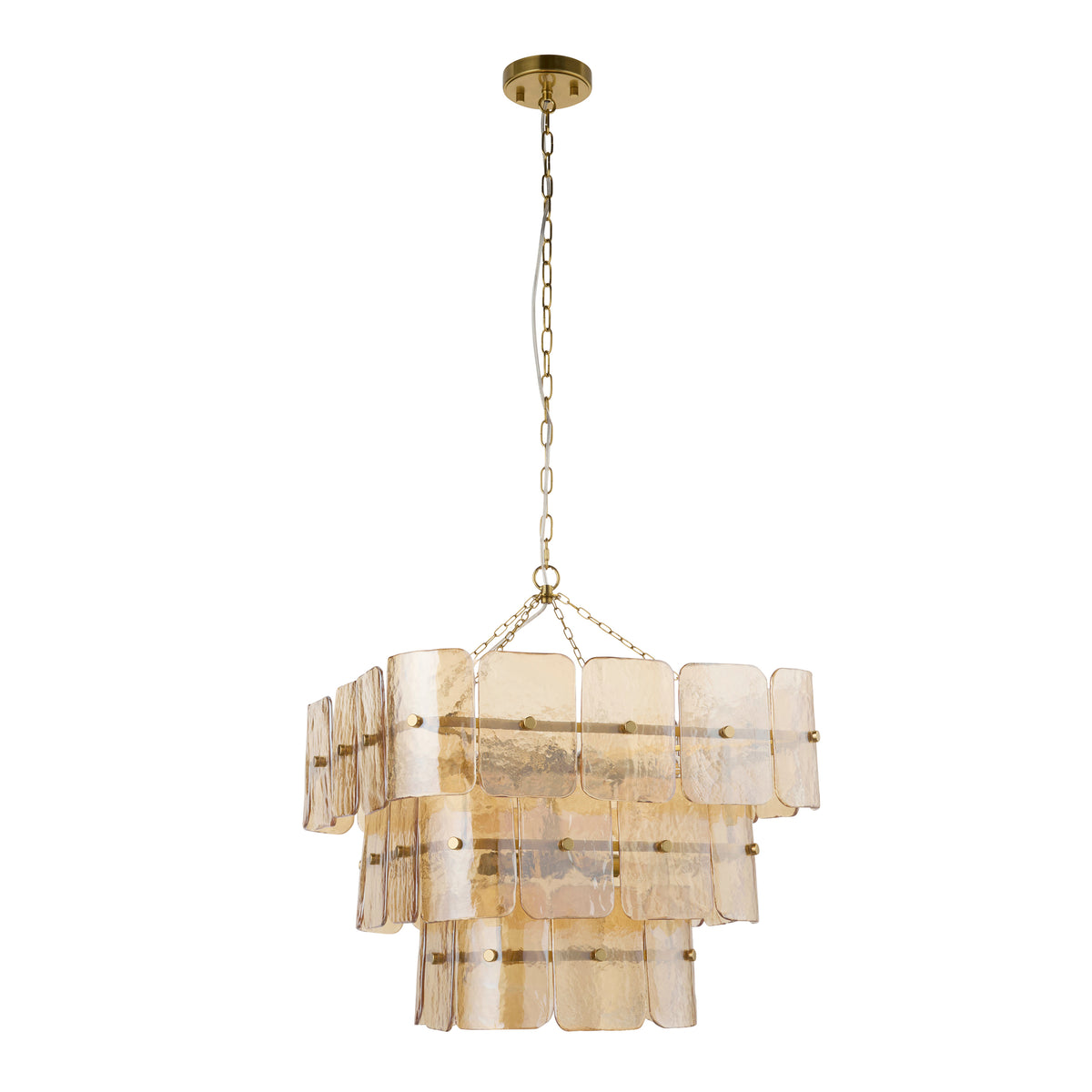 Endon Venice 10 light pendant in brushed aged brass with champagne handmade textured glass photographed lit on a white background