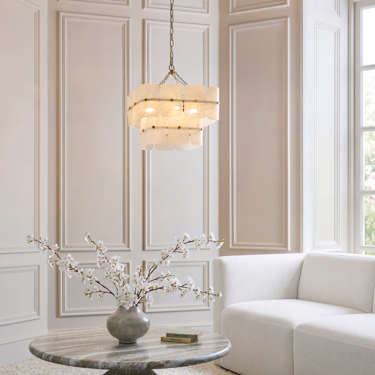 Endon Venice 4 Light Pendant - Brushed Aged Brass Plate & White Handmade Textured Glass