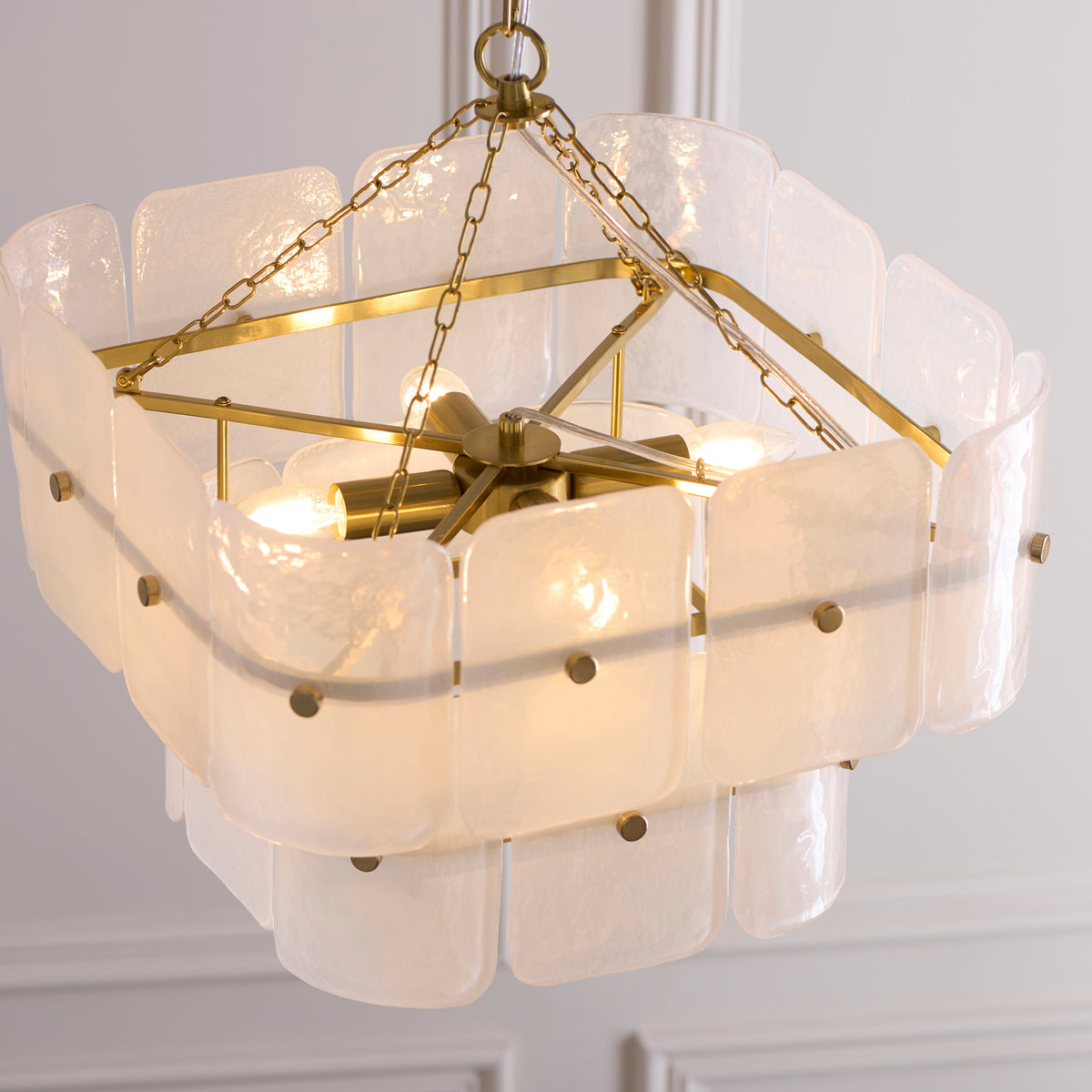 Endon Venice 4 Light Pendant - Brushed Aged Brass Plate & White Handmade Textured Glass
