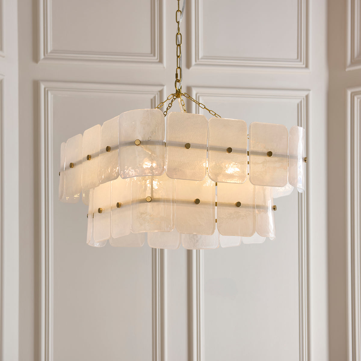 Endon Venice 6 Light Pendant - Brushed Aged Brass Plate & White Handmade Textured Glass