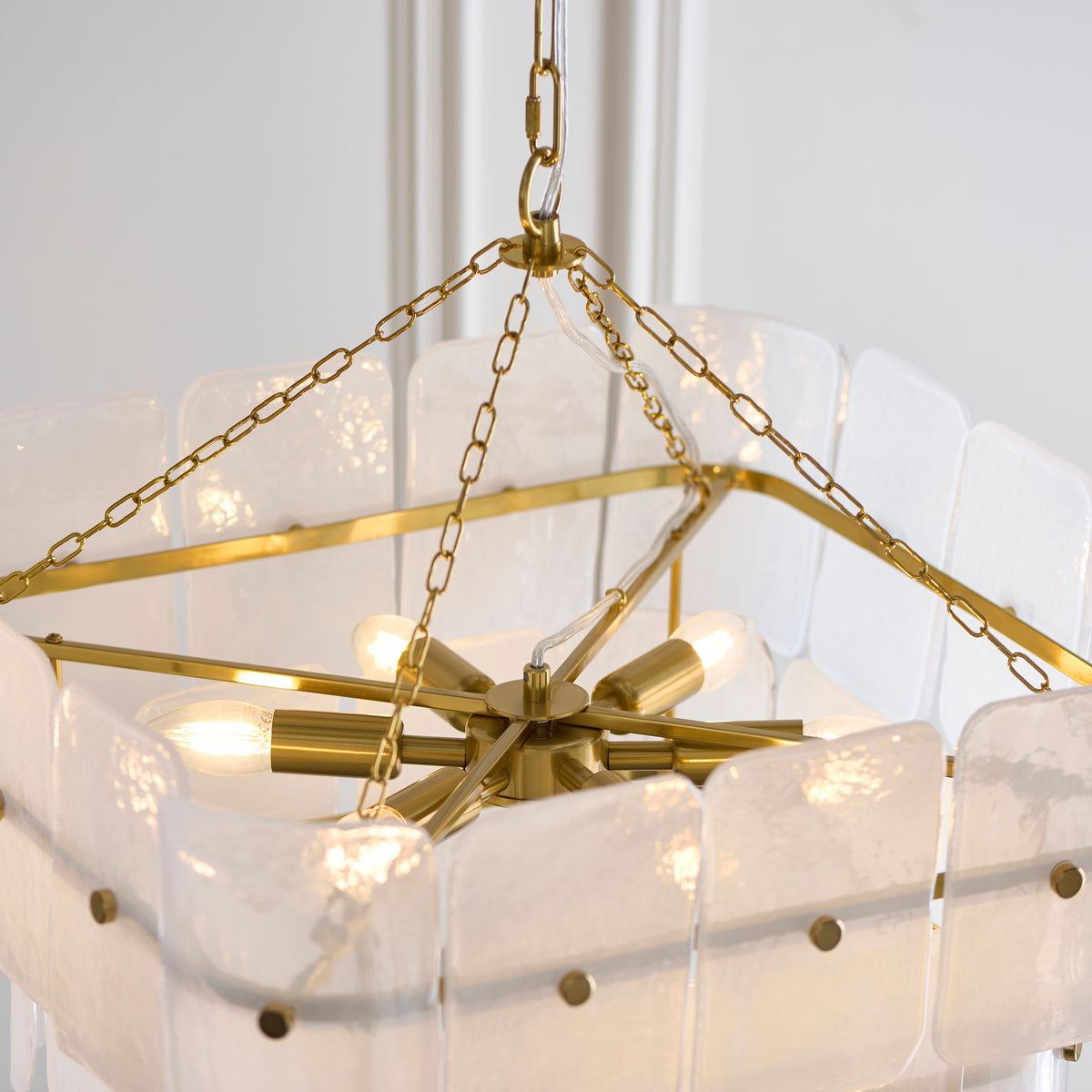 Endon Venice 6 Light Pendant - Brushed Aged Brass Plate & White Handmade Textured Glass