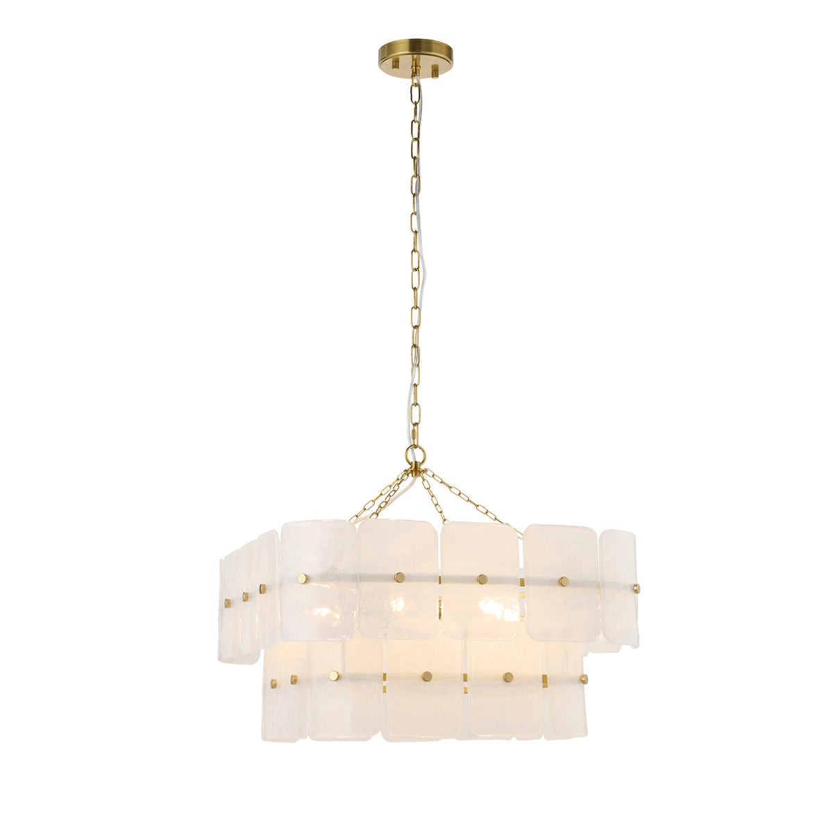 Endon Venice 6 Light Pendant - Brushed Aged Brass Plate & White Handmade Textured Glass