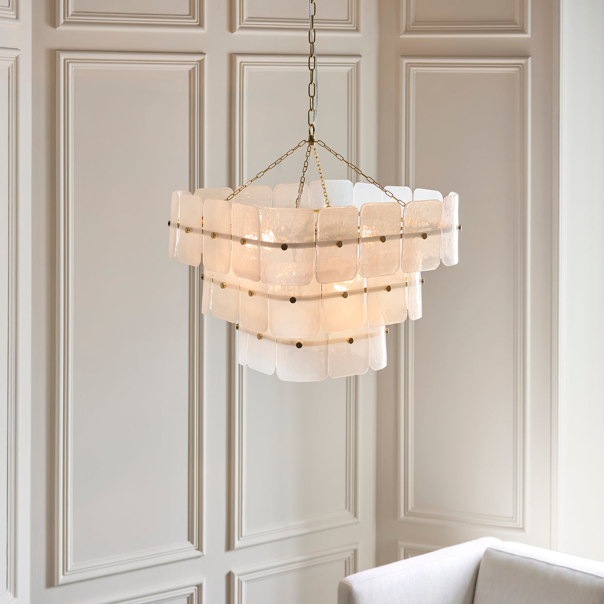 Endon Venice 10 Light Pendant - Brushed Aged Brass Plate & White Handmade Textured Glass