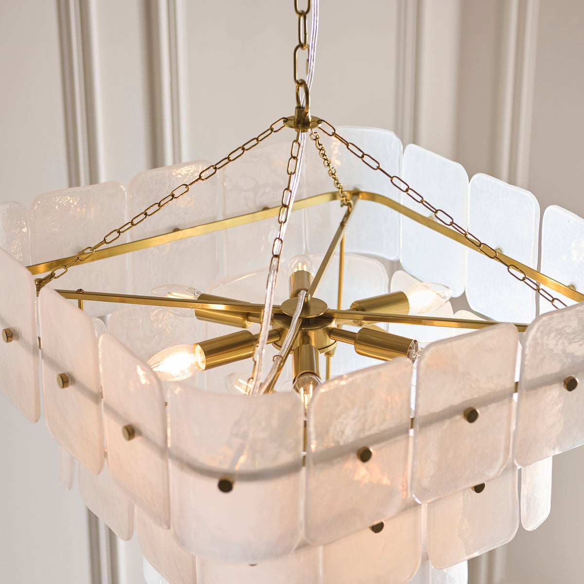 Endon Venice 10 Light Pendant - Brushed Aged Brass Plate & White Handmade Textured Glass