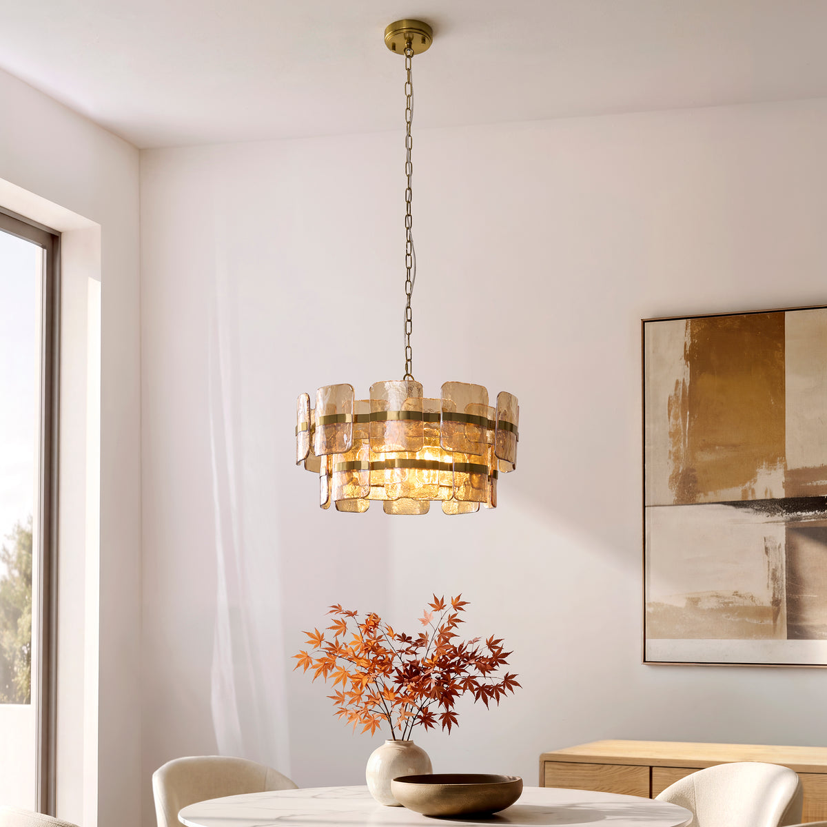 Endon Ancara 6 Light Pendant - Brushed Aged Brass Plate & Champagne Handmade Textured Glass