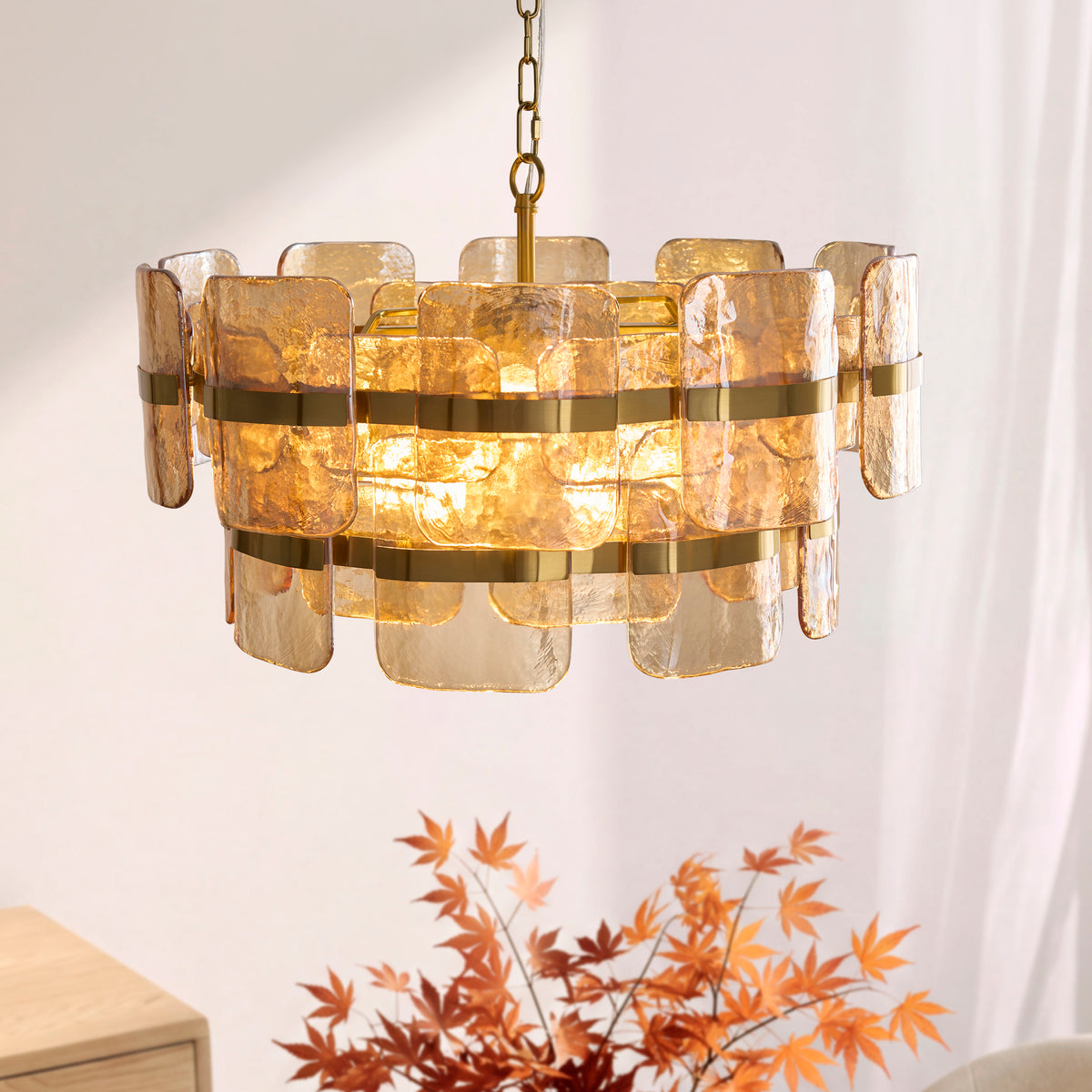 Endon Ancara 6 Light Pendant - Brushed Aged Brass Plate & Champagne Handmade Textured Glass