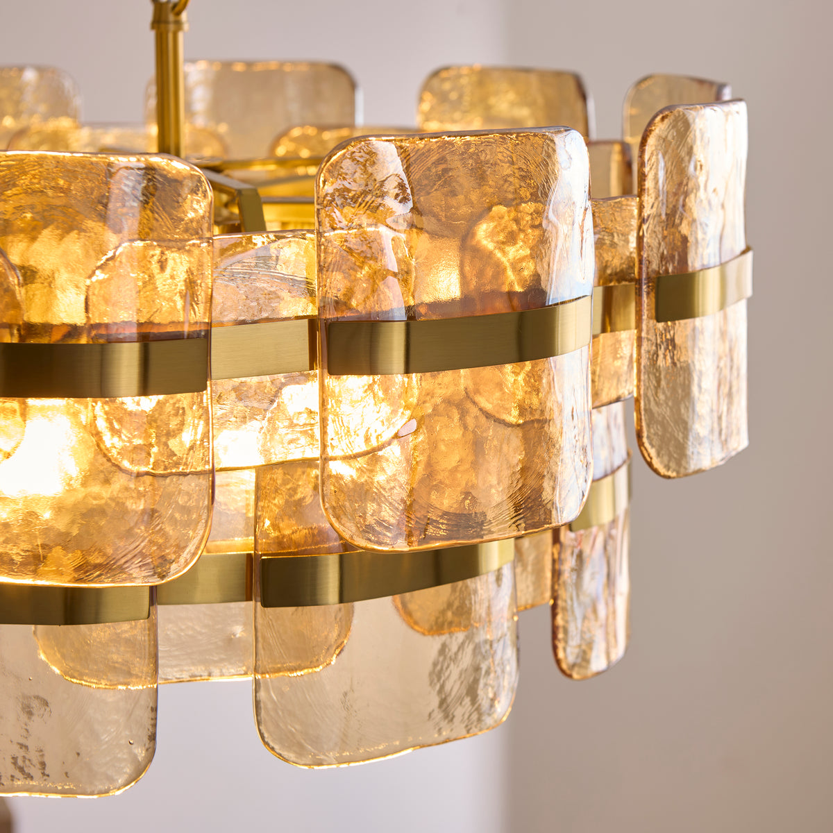 Endon Ancara 6 Light Pendant - Brushed Aged Brass Plate & Champagne Handmade Textured Glass