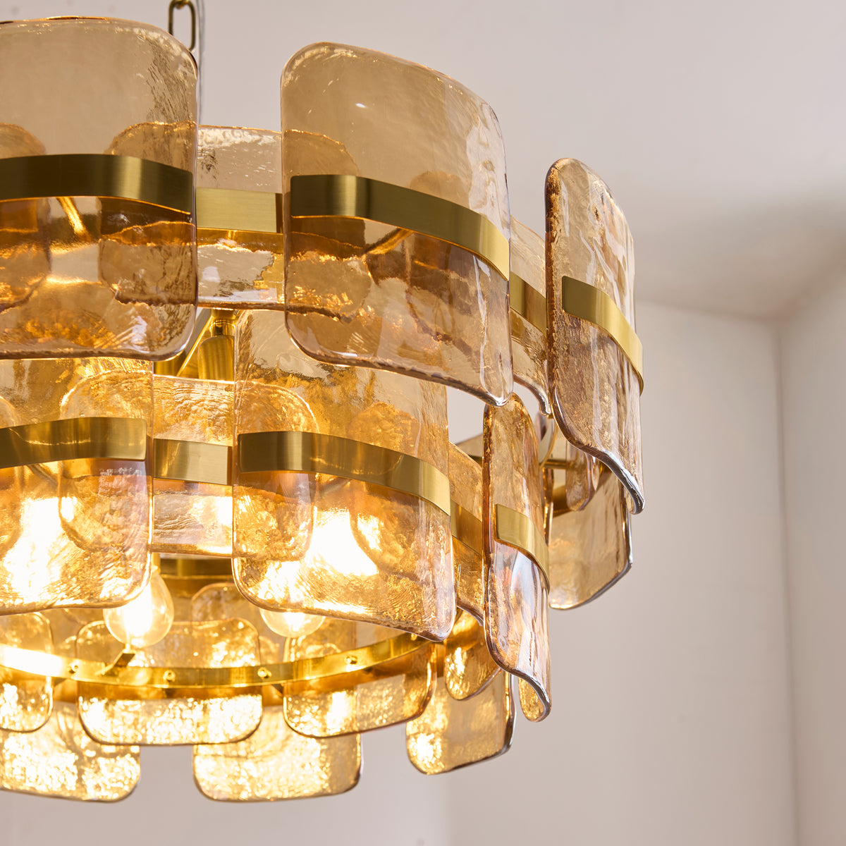 Endon Ancara 6 Light Pendant - Brushed Aged Brass Plate & Champagne Handmade Textured Glass
