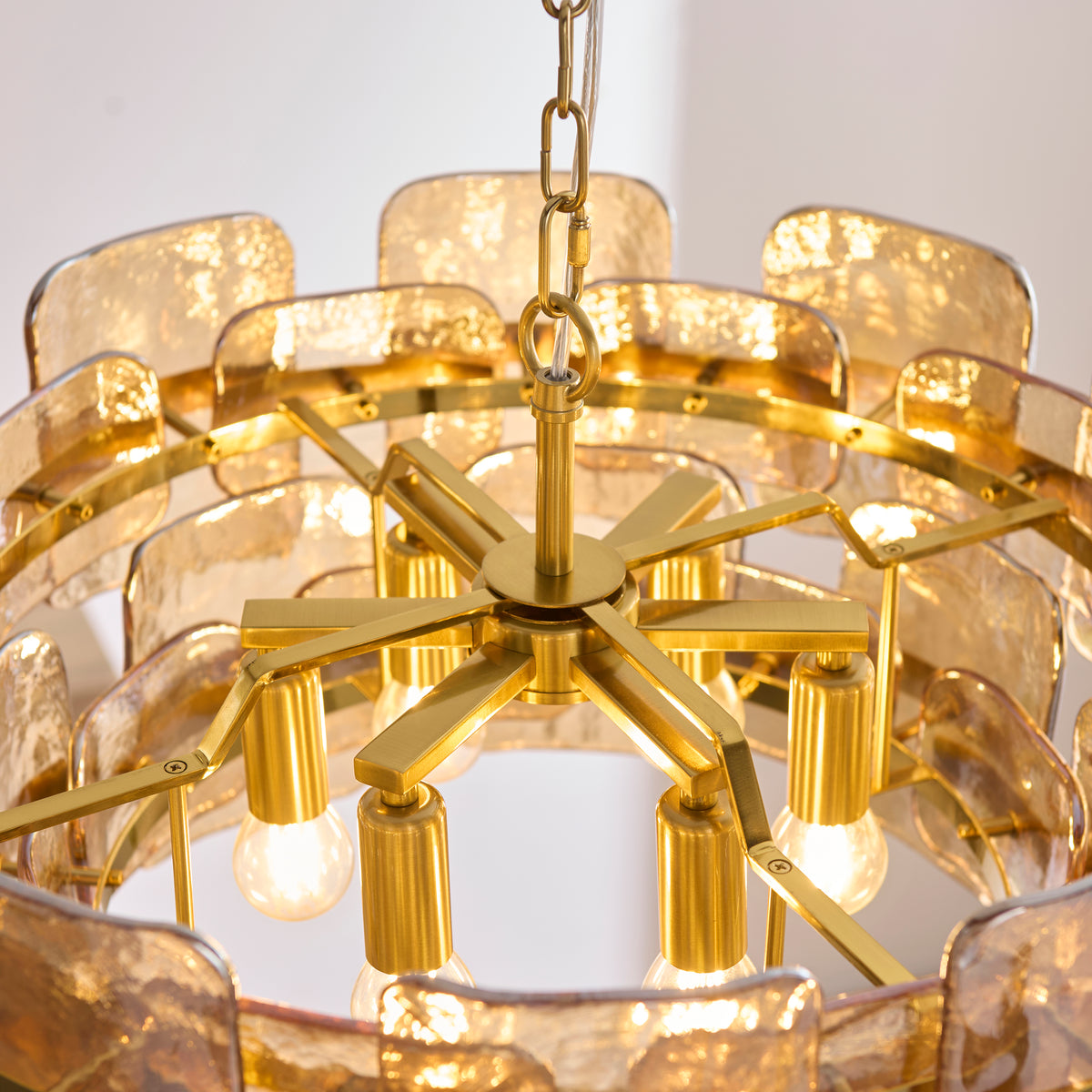 Endon Ancara 6 Light Pendant - Brushed Aged Brass Plate & Champagne Handmade Textured Glass