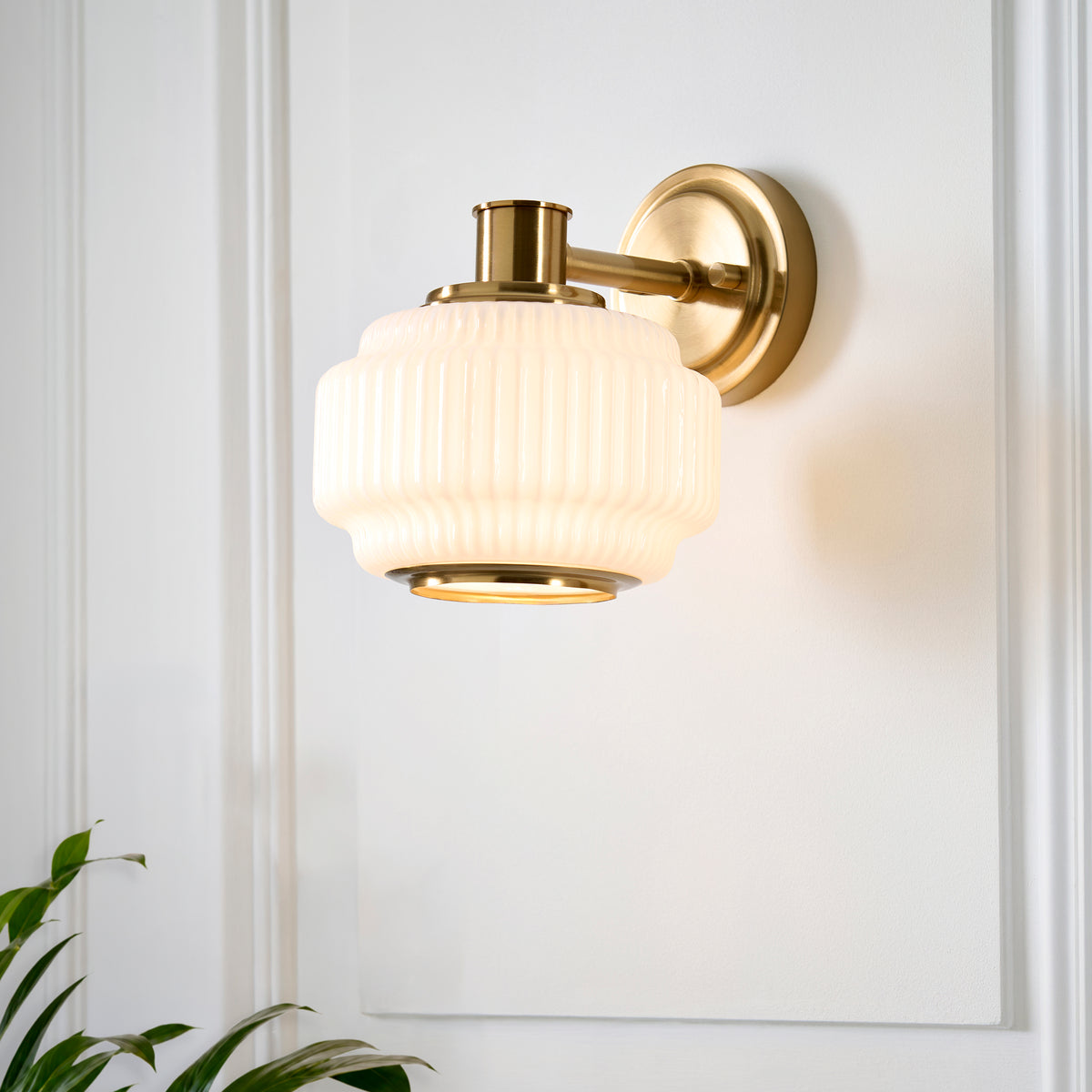 Endon Evora Wall Light - Brushed Aged Brass Plate & Opal Ribbed Glass