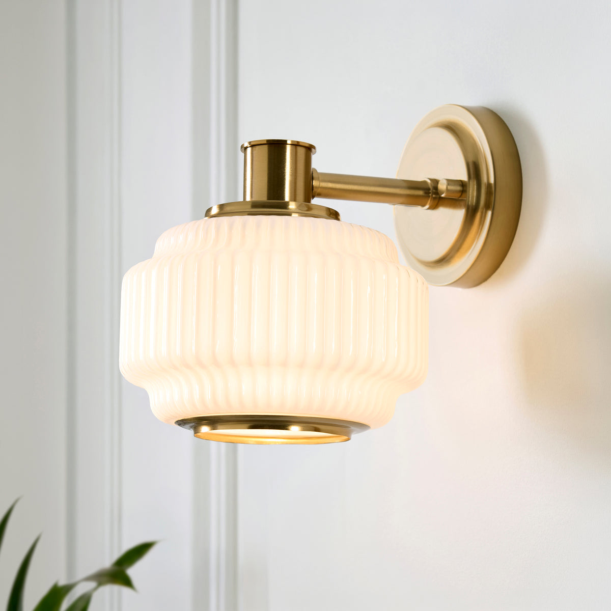 Endon Evora Wall Light - Brushed Aged Brass Plate & Opal Ribbed Glass