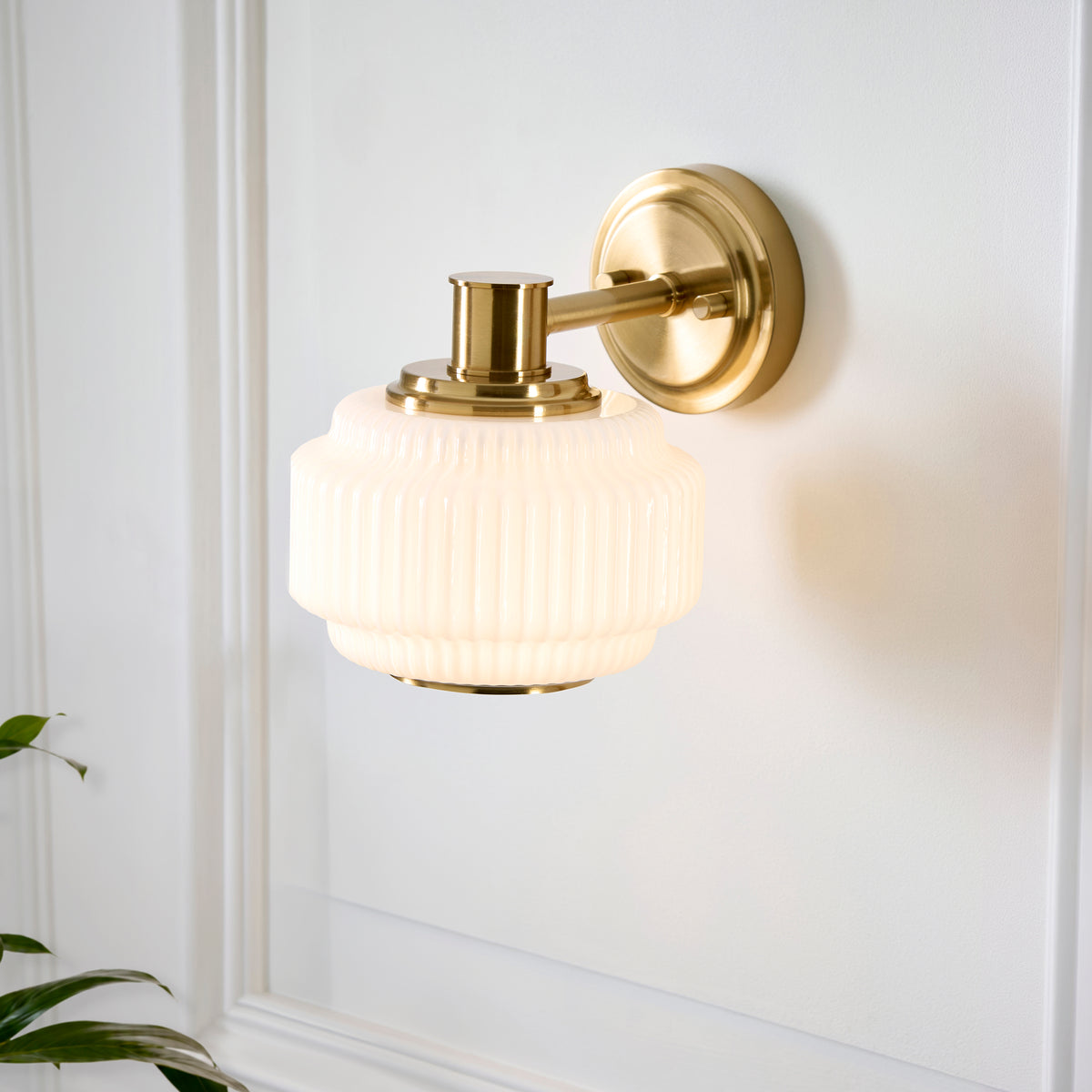 Endon Evora Wall Light - Brushed Aged Brass Plate & Opal Ribbed Glass