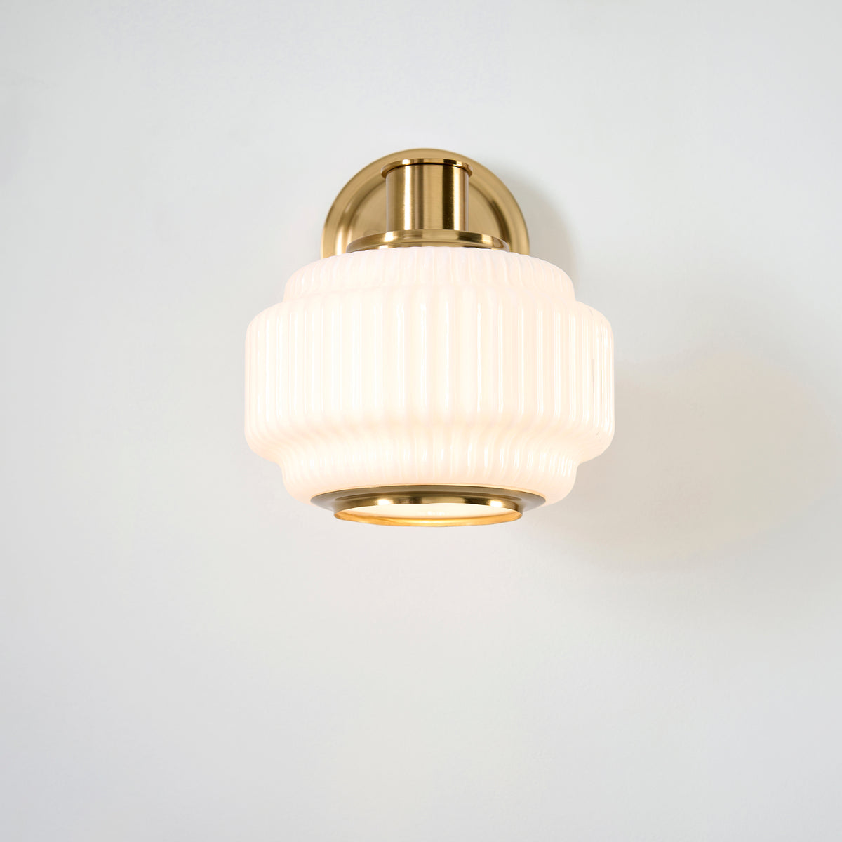 Endon Evora Wall Light - Brushed Aged Brass Plate & Opal Ribbed Glass