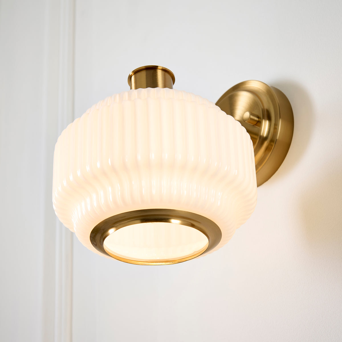 Endon Evora Wall Light - Brushed Aged Brass Plate & Opal Ribbed Glass
