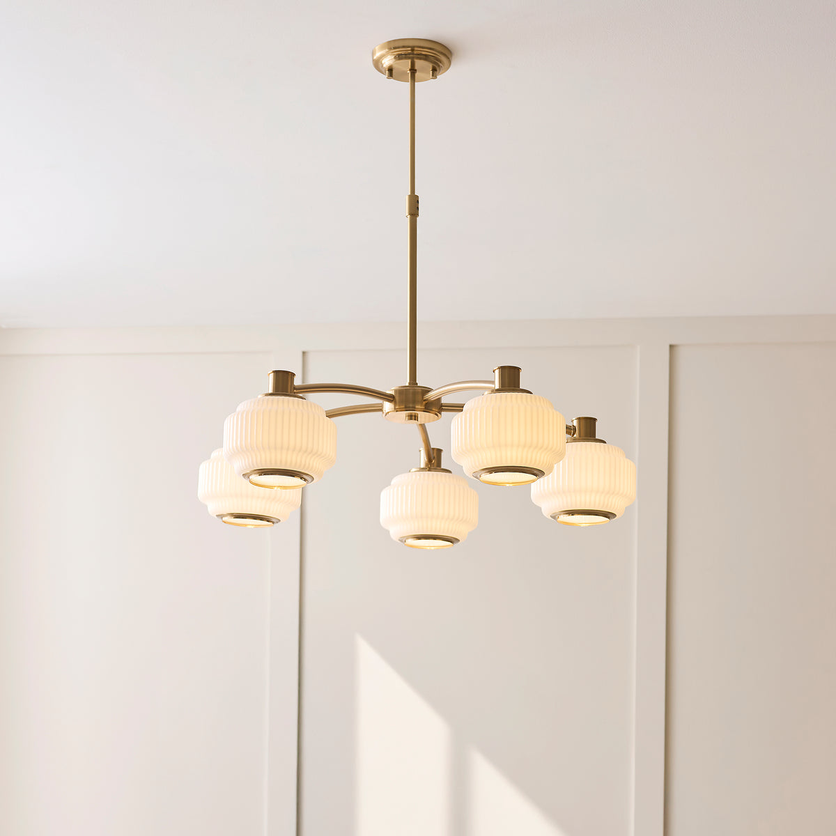 Endon Evora 5 Light Pendant - Brushed Aged Brass Plate & Opal Ribbed Glass