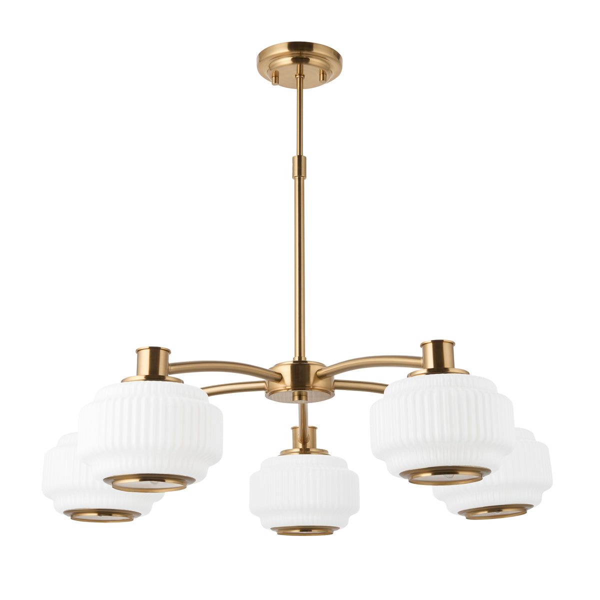 Endon Evora 5 Light Pendant - Brushed Aged Brass Plate & Opal Ribbed Glass
