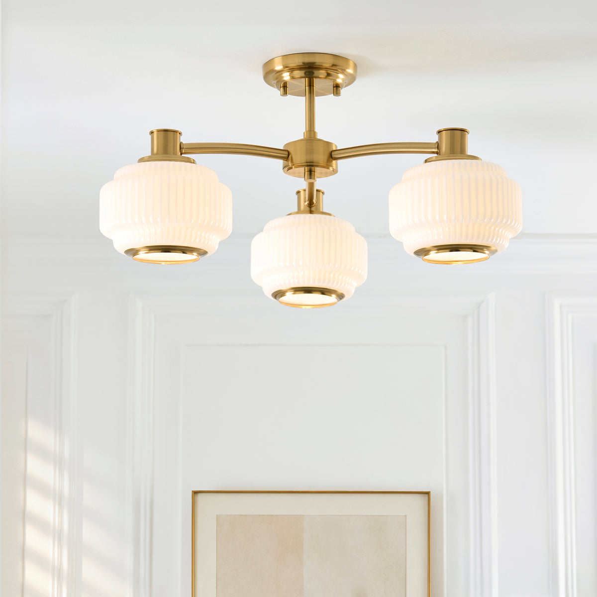 Endon Evora 3 Light Semi Flush - Brushed Aged Brass Plate & Opal Ribbed Glass