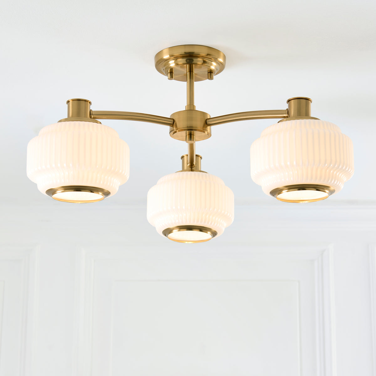 Endon Evora 3 Light Semi Flush - Brushed Aged Brass Plate & Opal Ribbed Glass