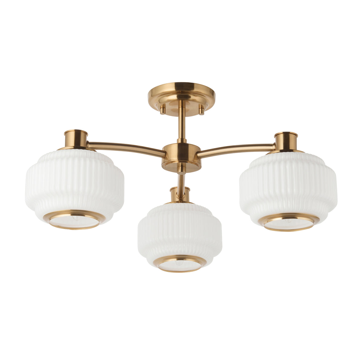 Endon Evora 3 Light Semi Flush - Brushed Aged Brass Plate & Opal Ribbed Glass