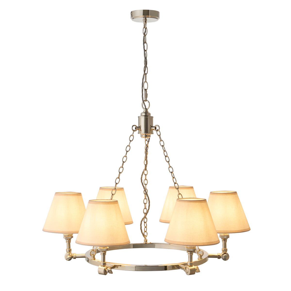 Endon Arabella 6 light pendant in bright nickel with six vintage white Ivy shades, lit, ring frame on three chains, cut out on white