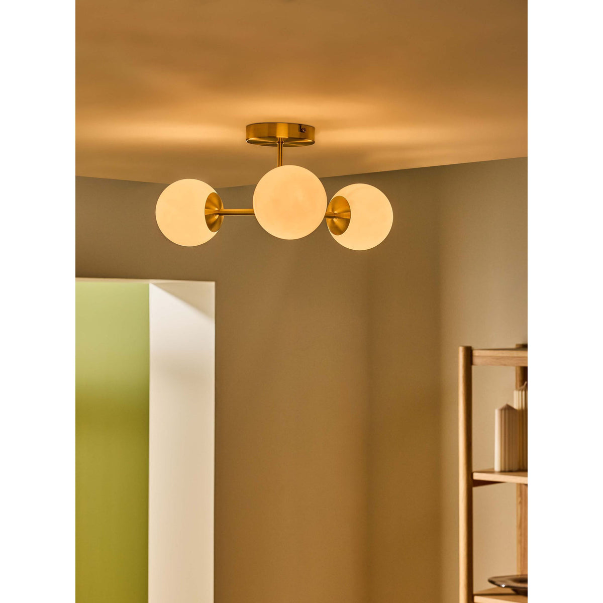 MADE.COM Globe 3 Light Flush Ceiling Light - Brass & Opal