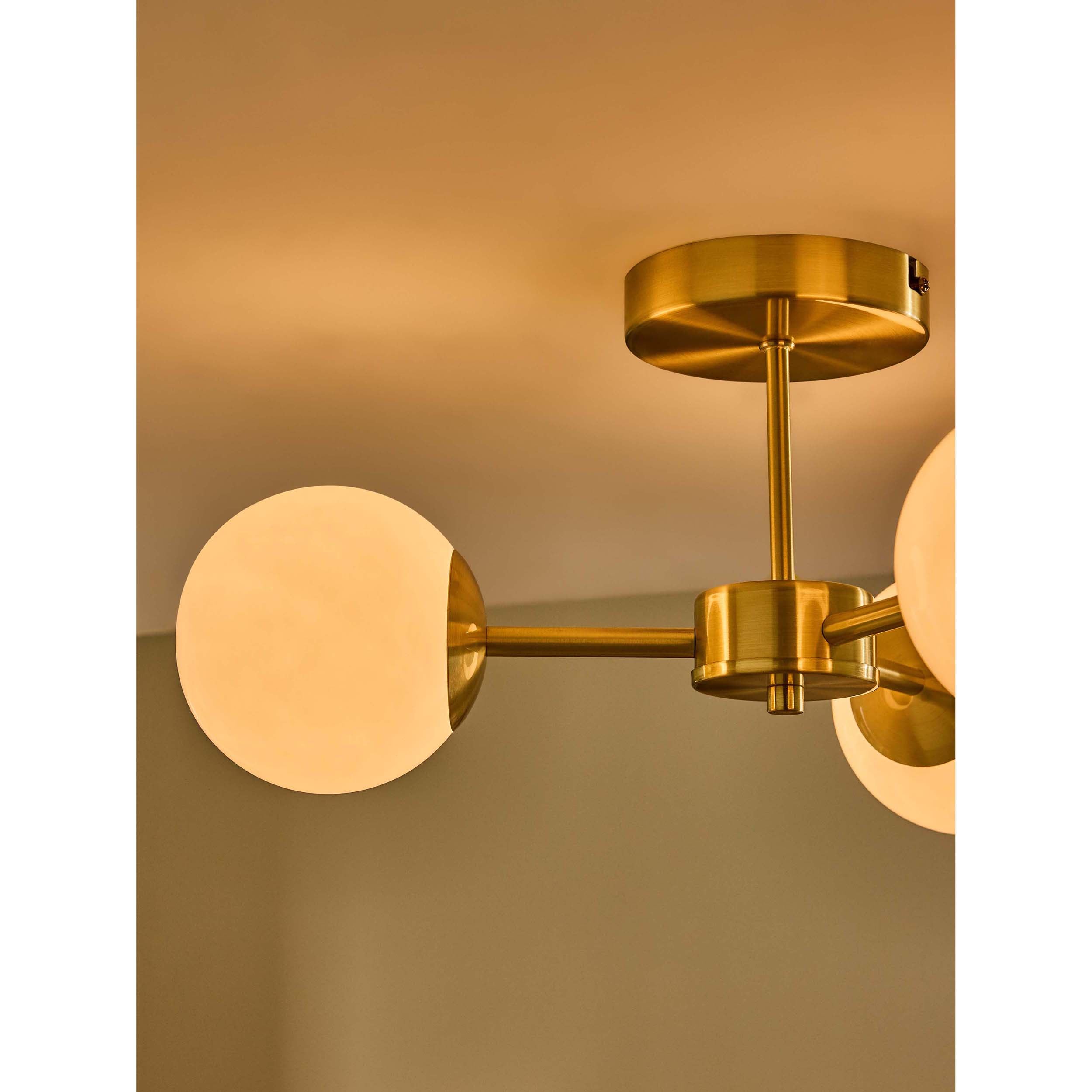 MADE.COM Globe 3 Light Flush Ceiling Light - Brass & Opal