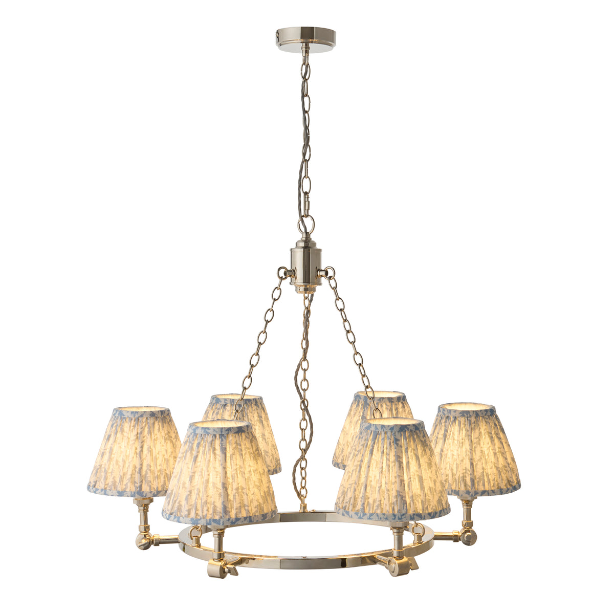 Endon Arabella Leaf 6 light pendant lit on white, bright nickel ring frame on chains with six pleated blue leaf print shades