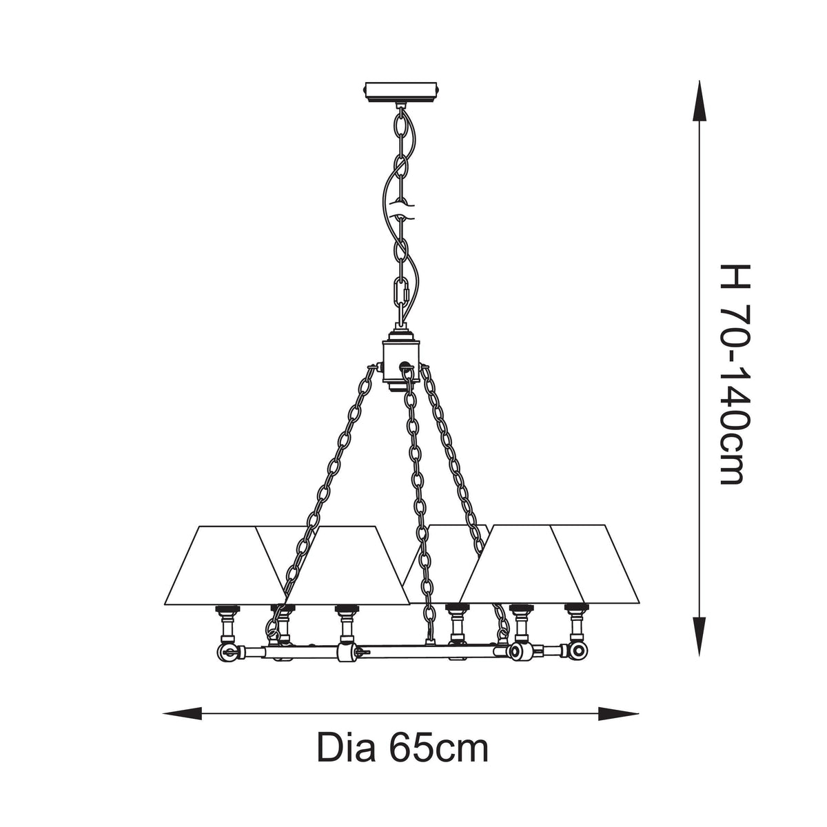 Dimension drawing of the Endon Arabella Leaf 6 light pendant showing 65cm diameter and adjustable height of 70 to 140cm