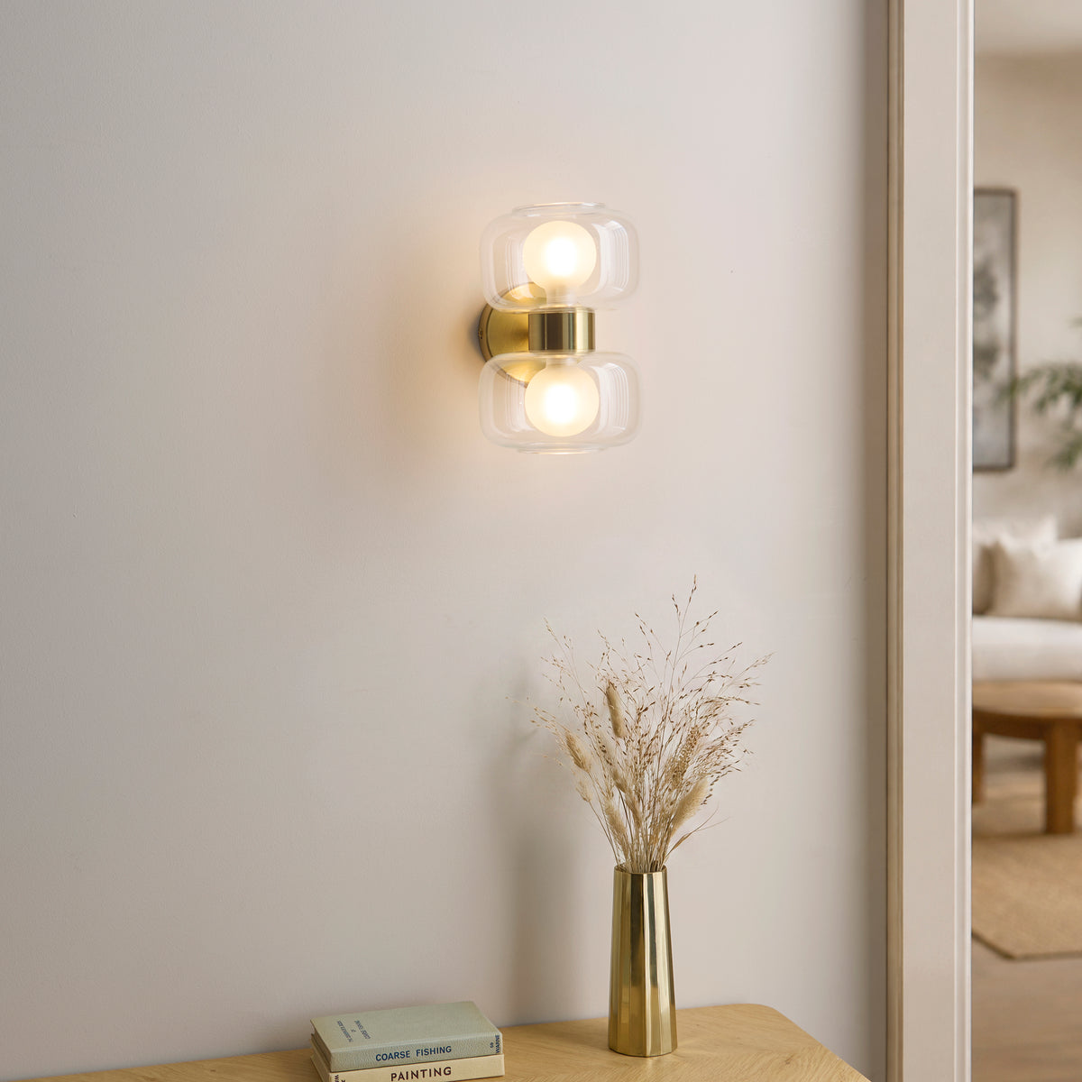 Endon Rossano 2 Light Wall Light - Warm Brass Plate & Clear/Frosted Glass