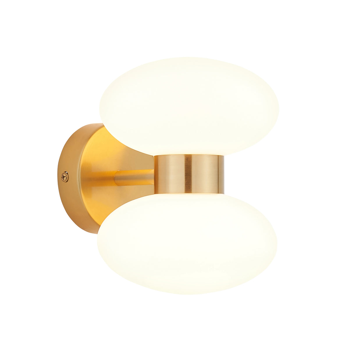 Plain product shot on a white background of the Endon Rossano 2 light wall light in warm brass with opal glass shades, unlit, front view