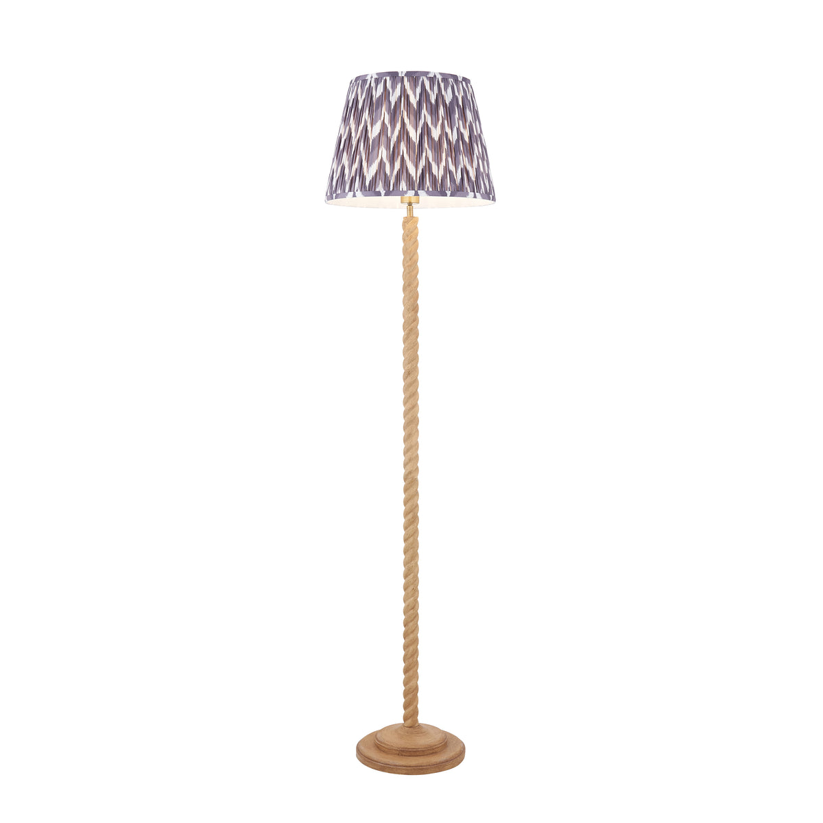 Endon Twist floor lamp in oak effect resin with pearl grey zigzag pleated shade, unlit, cut out on a white background