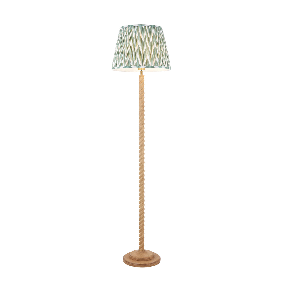 Endon Twist floor lamp in oak effect resin with a 40cm Cotswold green ZigZag shade, lit cut out on white